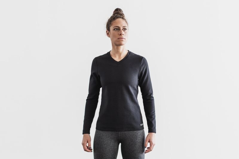 Nobull V-Neck Long Sleeve Waffle Black | 42560YJUK