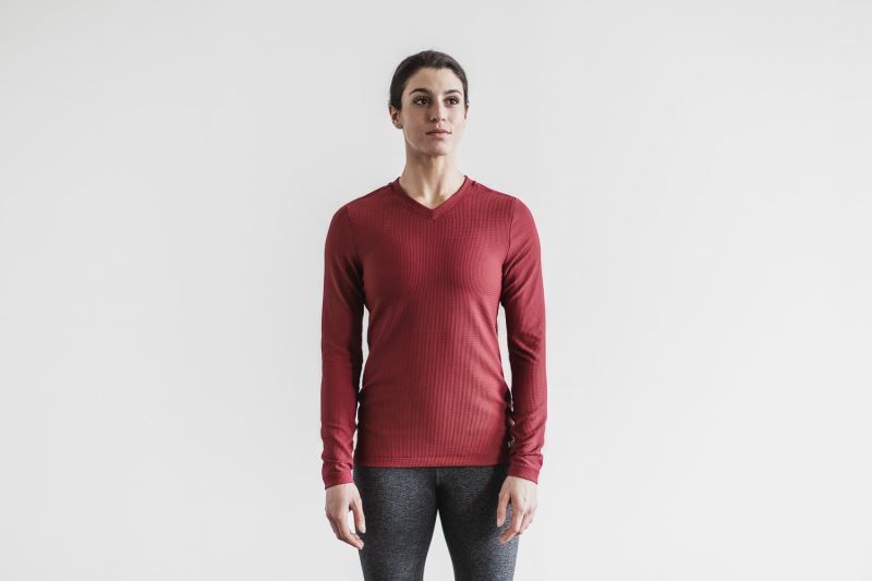 Nobull V-Neck Long Sleeve Waffle Red | 91354RMGP